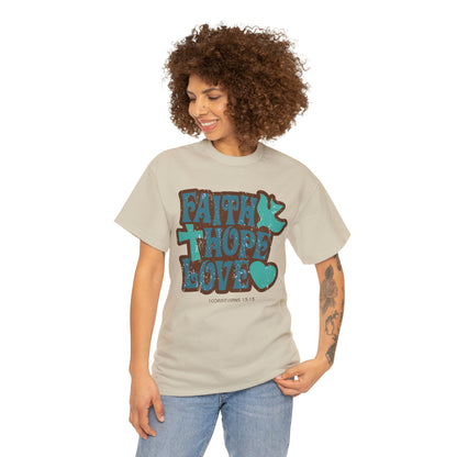 Faith Hope Love shirt with cross and heart design in blue tones
