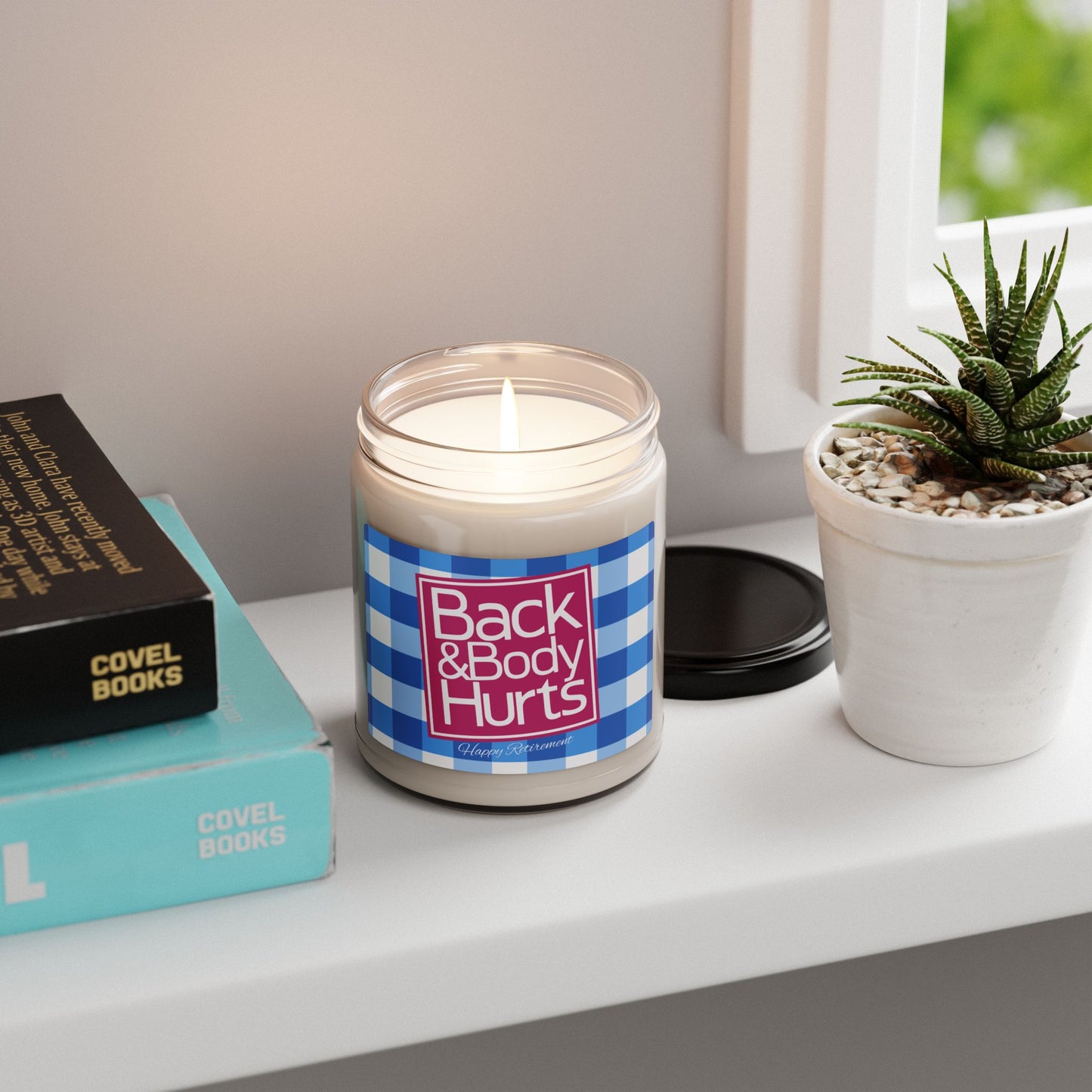 Eco-friendly soy wax candle with humorous retirement message.
