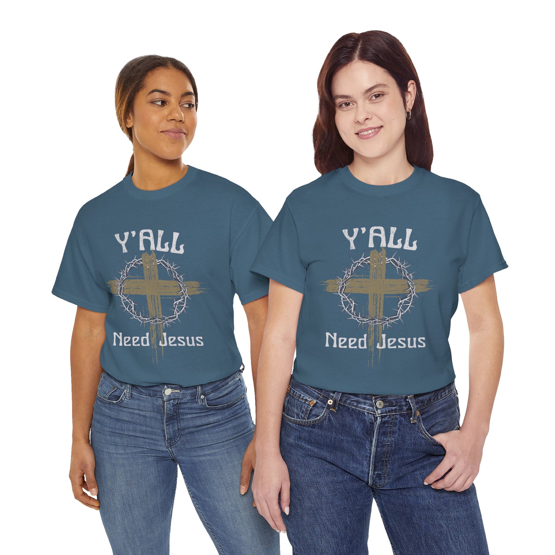 Christian shirt featuring bold “Y’all Need Jesus” text and religious imagery
