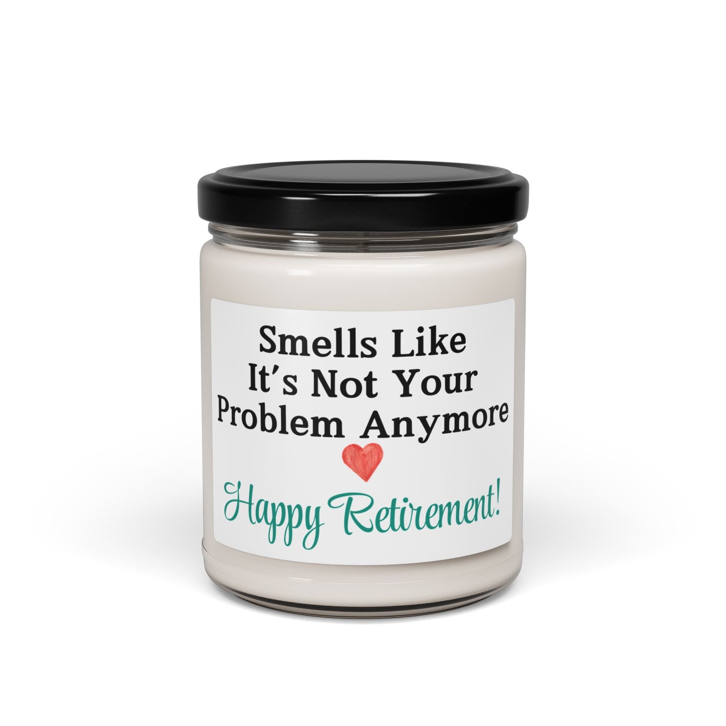 Close-up of "Happy Retirement" candle label with natural soy wax.
