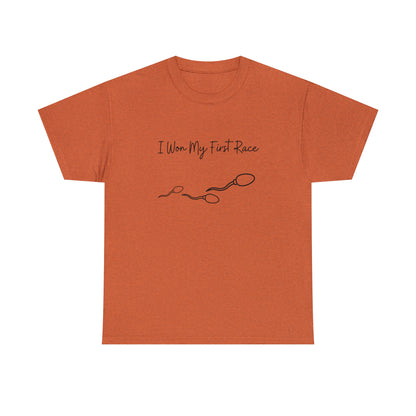 Funny unisex cotton tee with a unique sperm racing design.