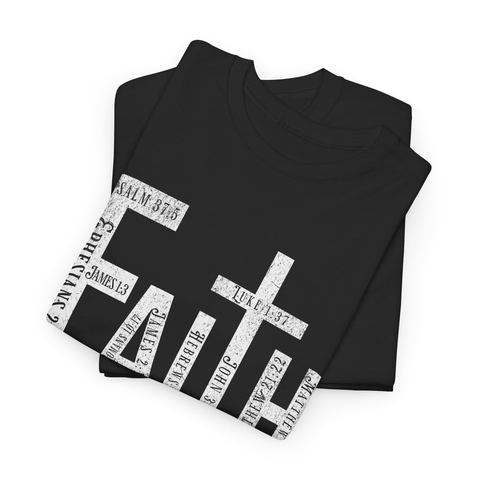 Classic-fit Christian t-shirt featuring Bible verses about faith.
