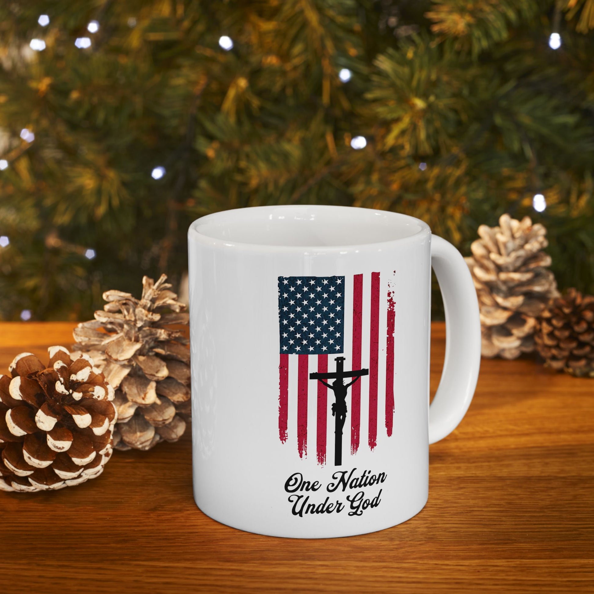 Faith and patriotism mug with flag and cross graphic
