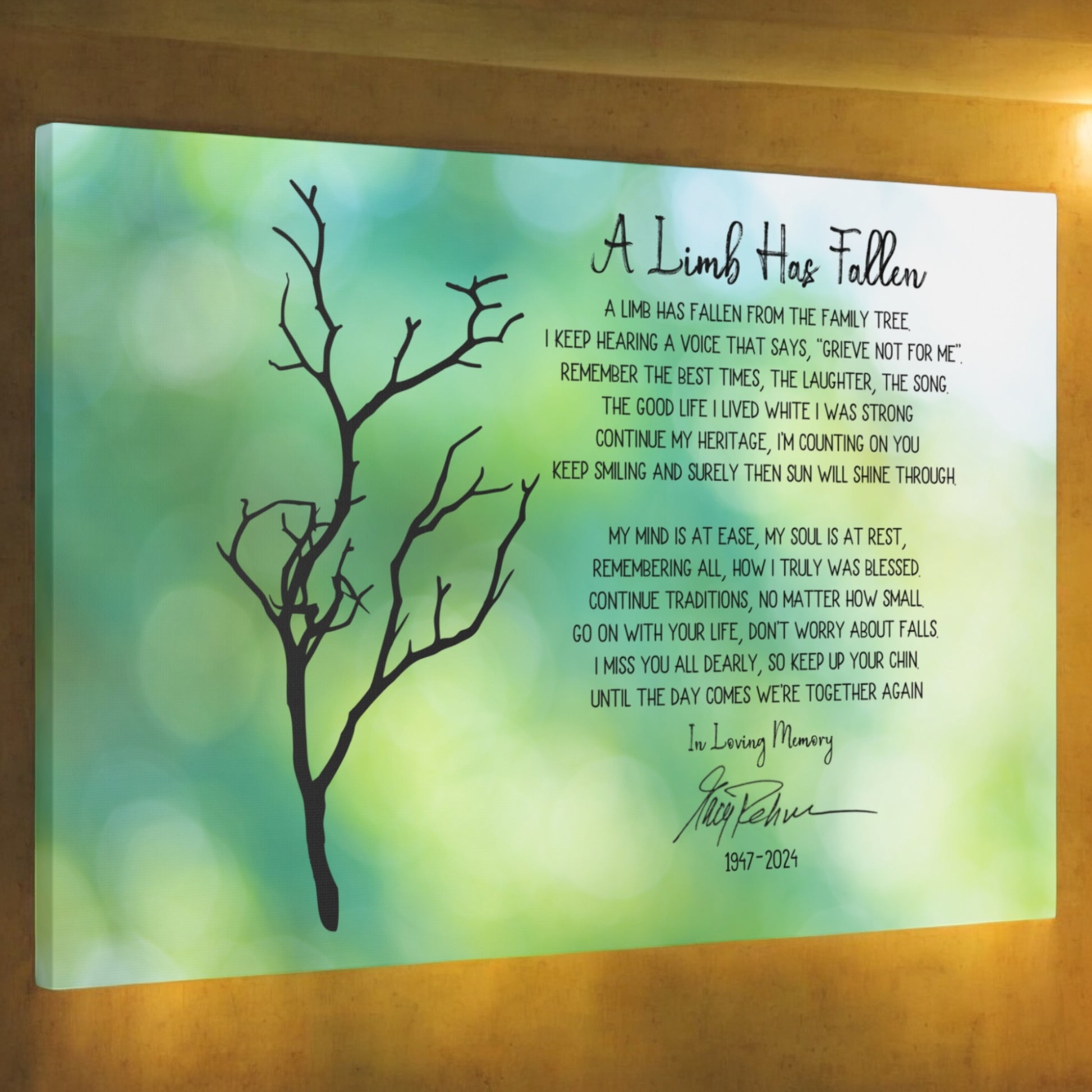 Memorial canvas wall art with nature background and tree branch silhouette
