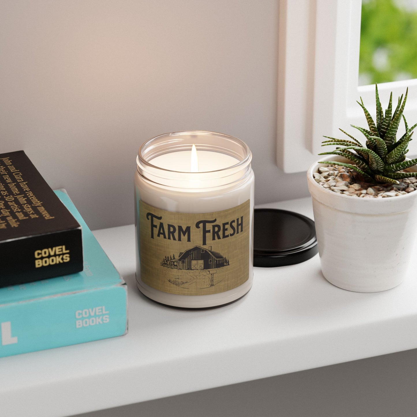 Farm fresh candle with country home and barn graphic
