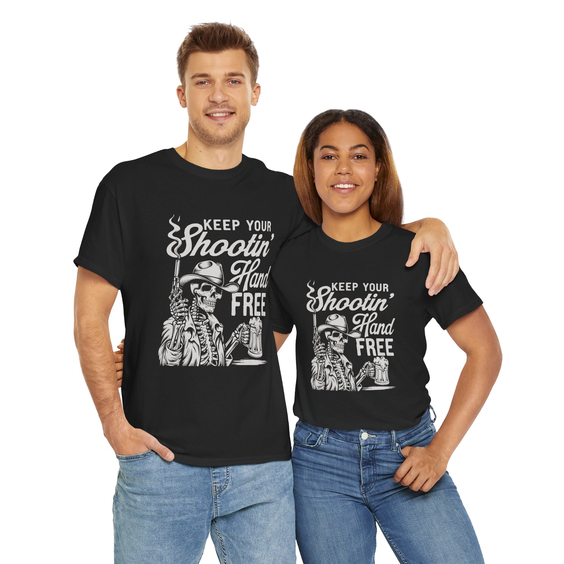 Cowboy skeleton holding beer and gun t-shirt
