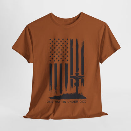 Classic fit patriotic shirt with inspiring faith-based design.
