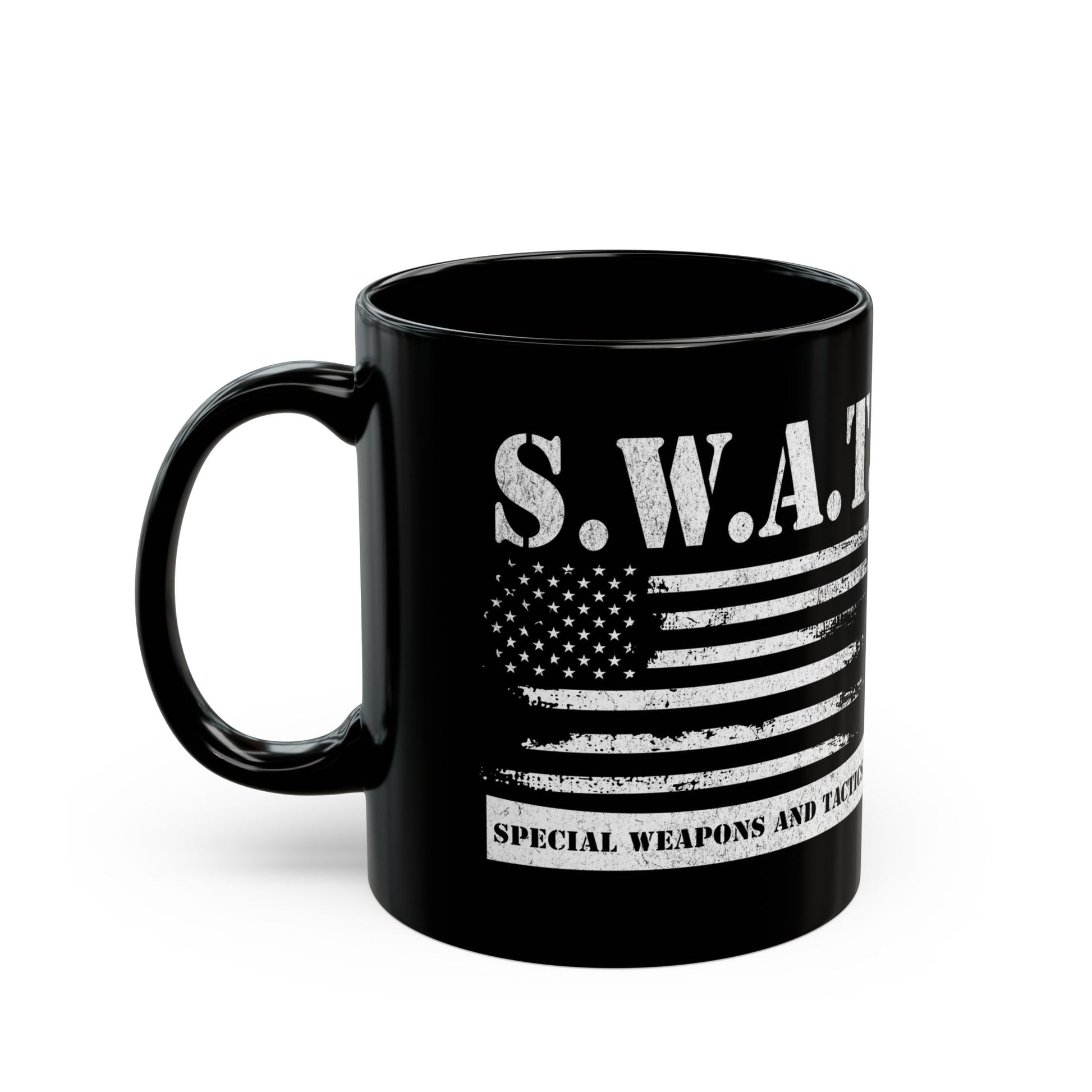 Black SWAT coffee mug for law enforcement supporters
