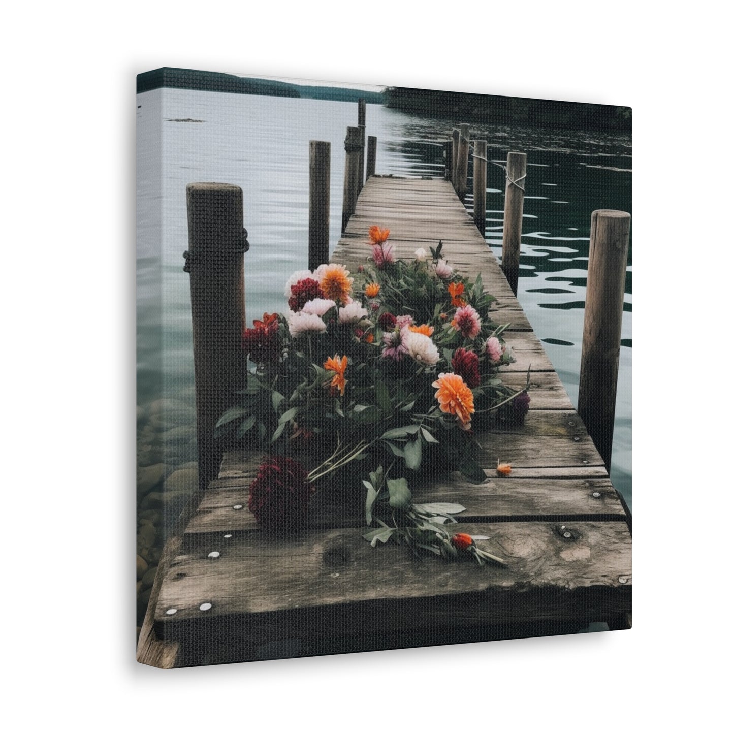 Serene lake scene wall art with dock and bouquet of flowers
