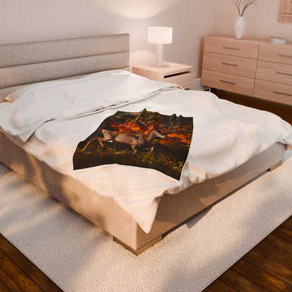 Cozy deer hunting blanket draped over a couch in a cabin
