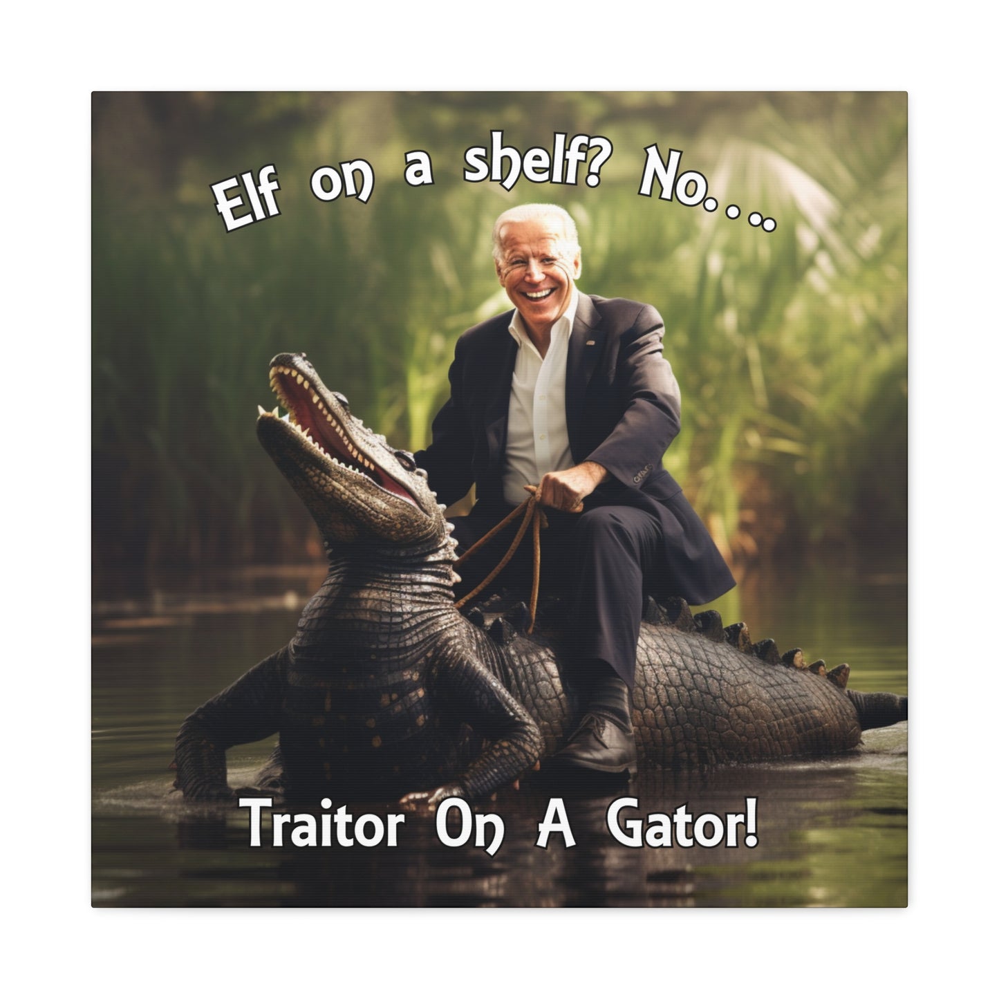 Conservative humor wall art with Joe Biden riding a gator
