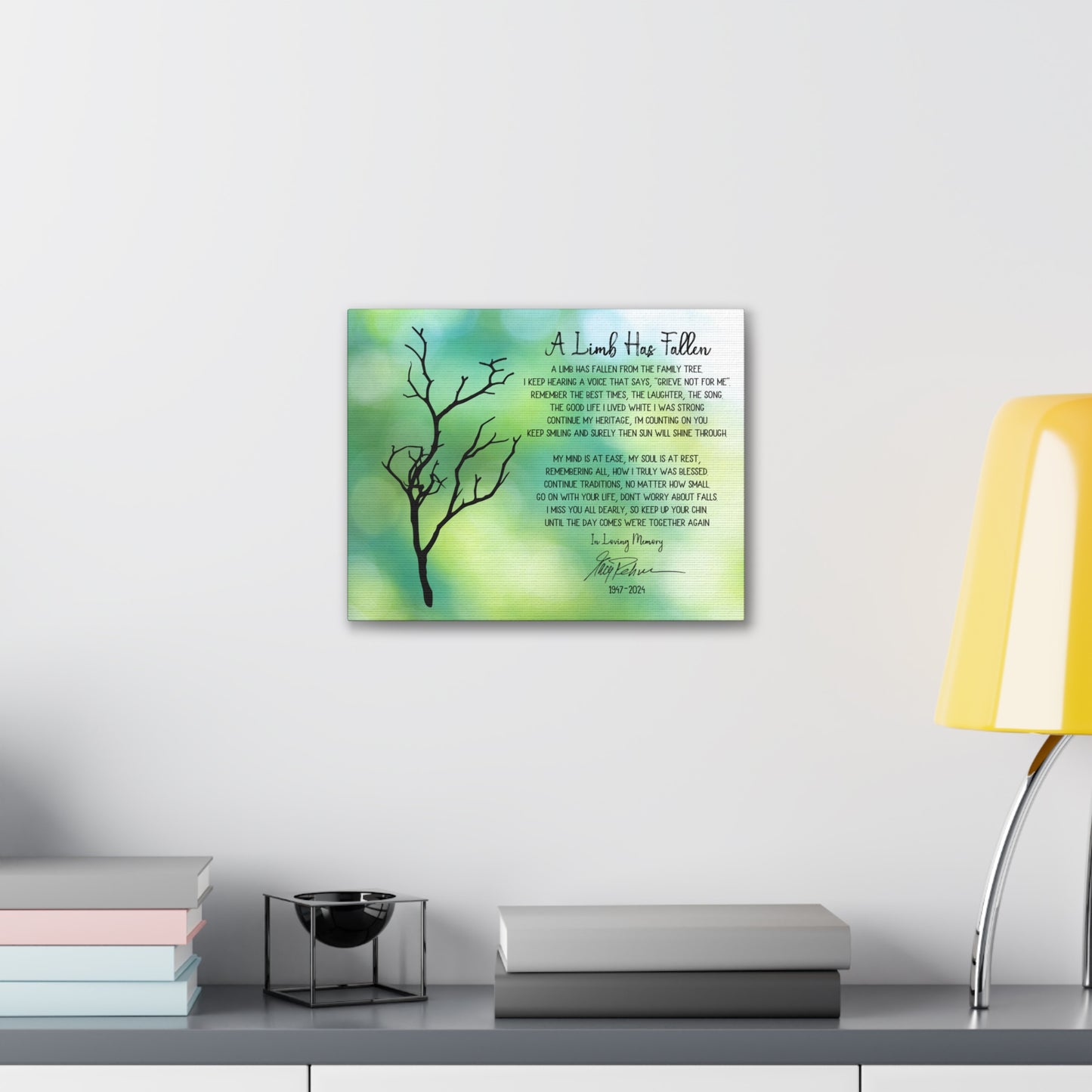 Nature-themed memorial wall art with touching tribute poem
