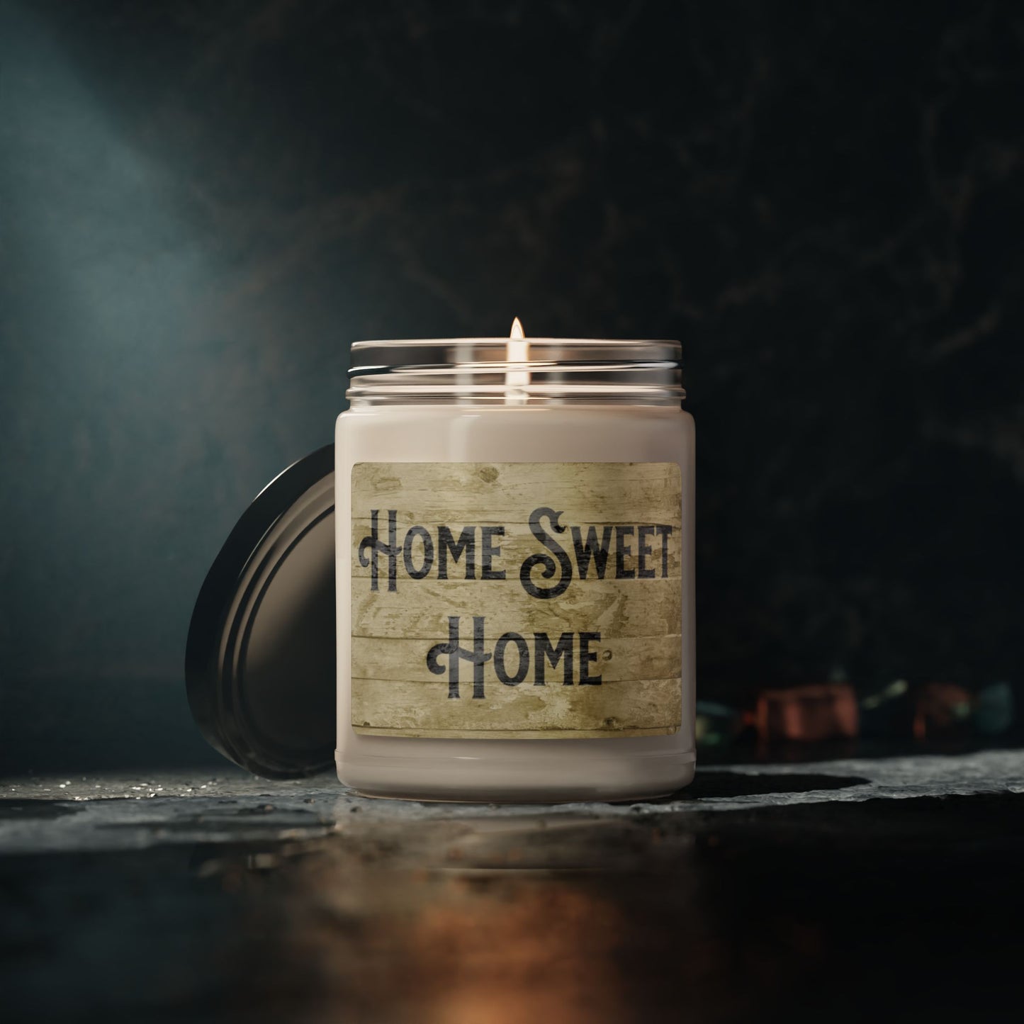 Farmhouse candle with cozy “Home Sweet Home” text
