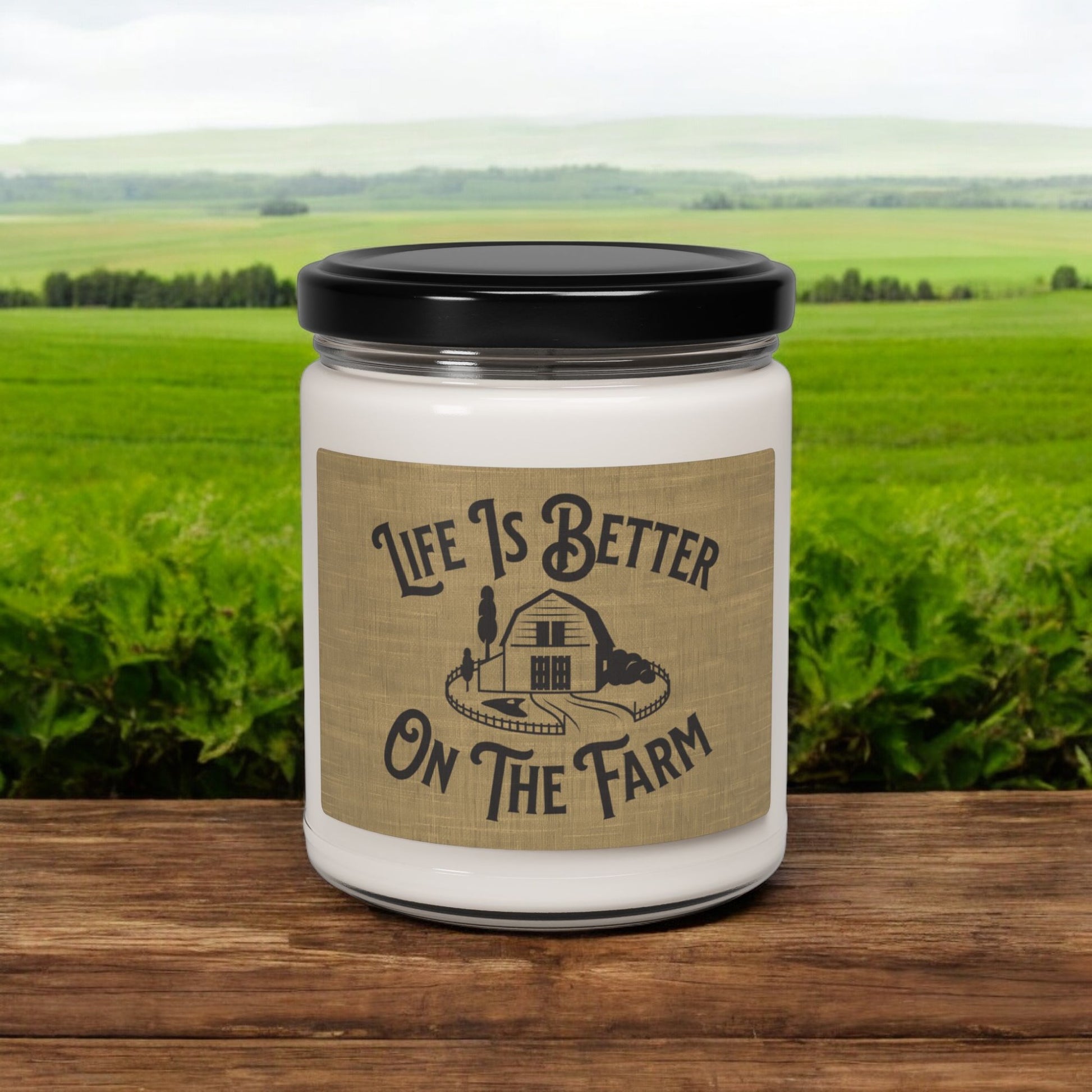 Farmhouse candle with “Life is Better on the Farm” text
