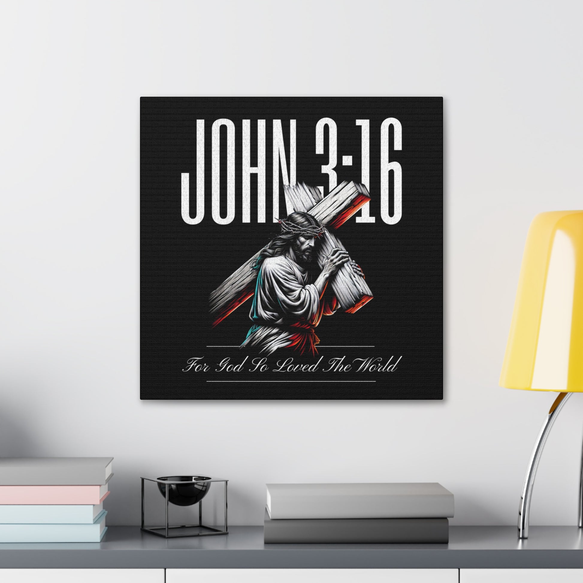 John 3:16 art with 3D Jesus carrying the cross and bold scripture text
