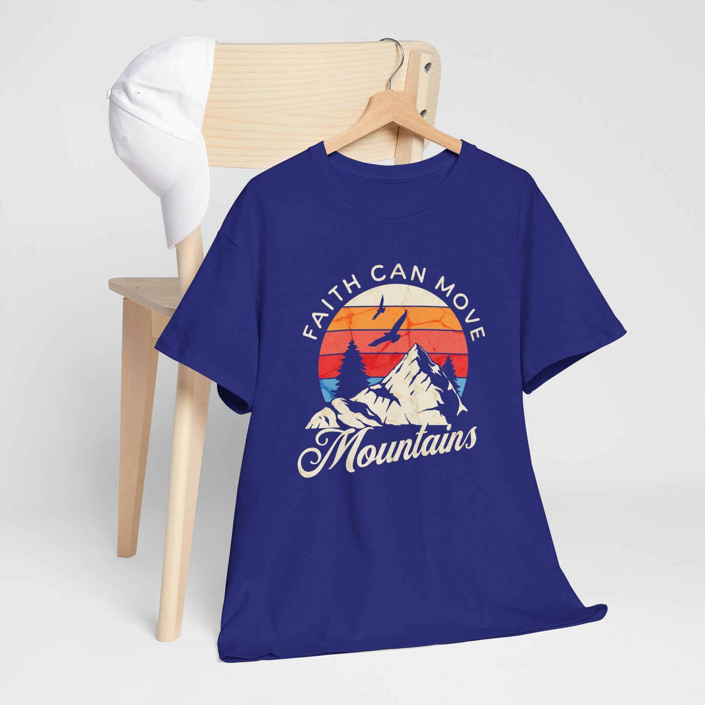 Faith-inspired shirt with snowy mountains and sunset
