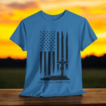 One Nation Under God t-shirt with American flag and Jesus design.
