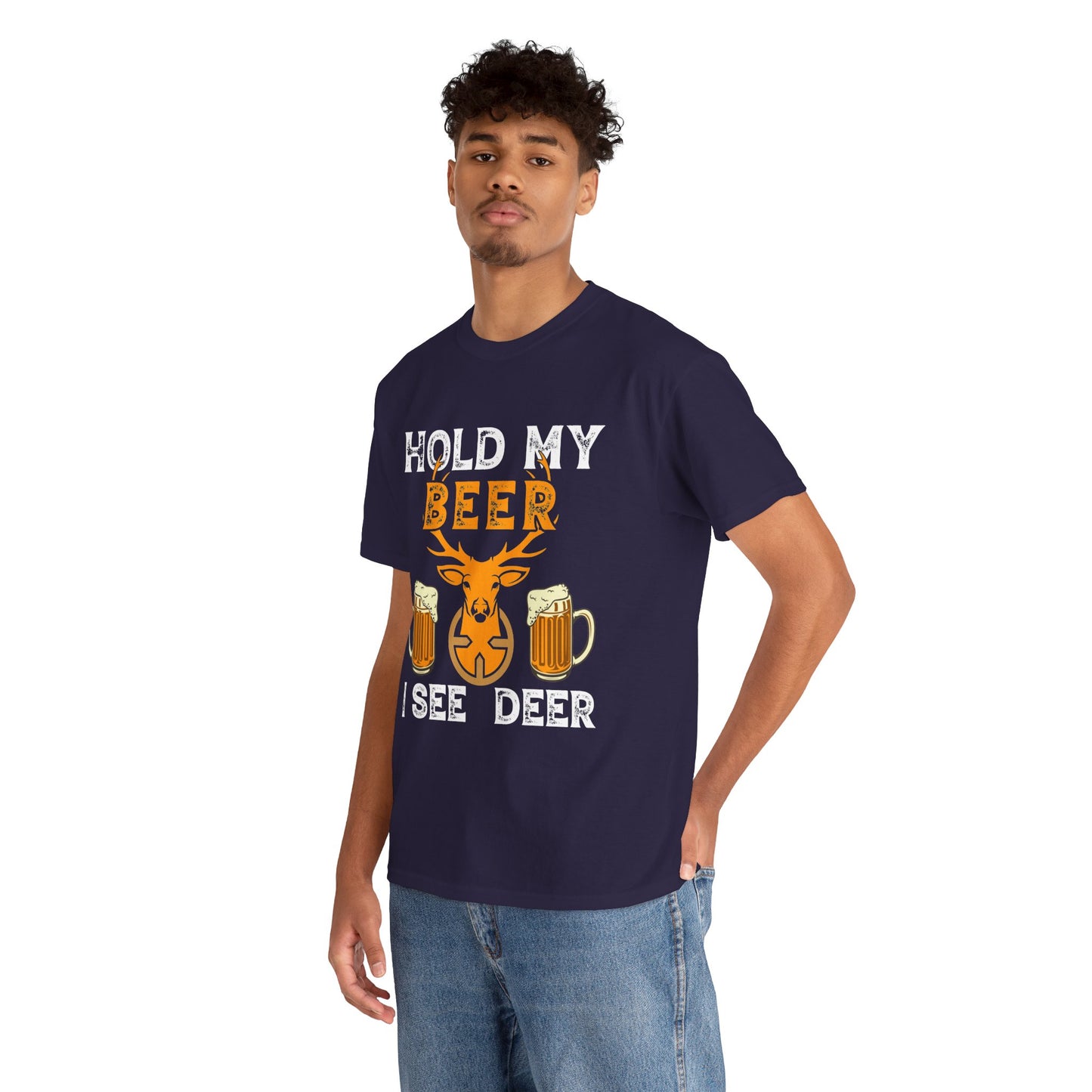 Distressed hunting t-shirt featuring deer and beer theme
