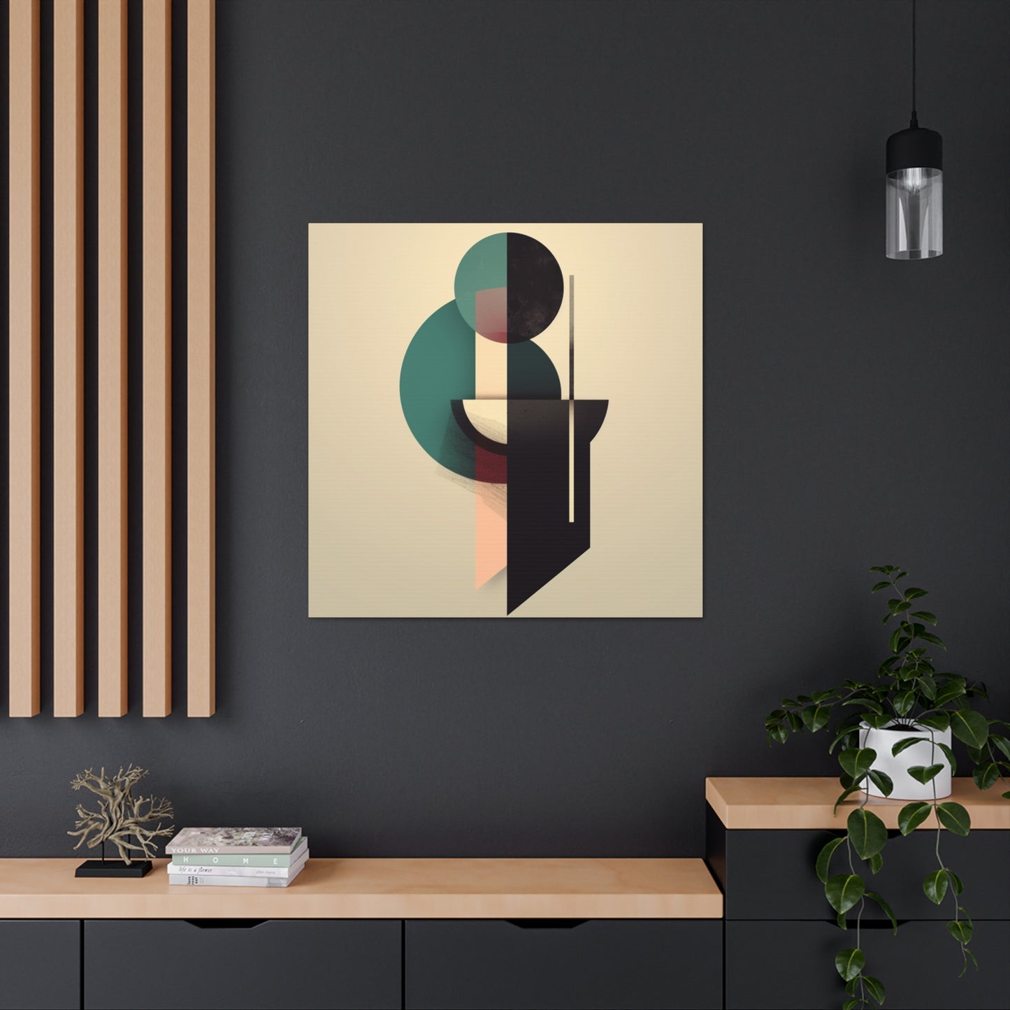 Minimalist geometric art featuring bold circles, lines, and rectangles
