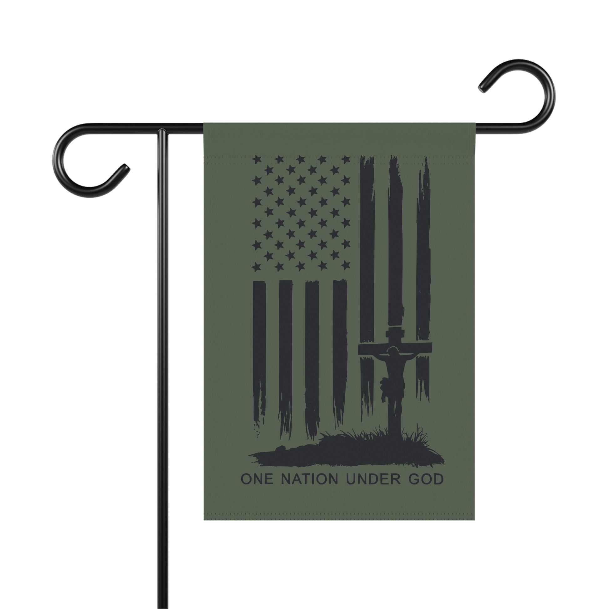 Dark army green flag with faith and patriotism design for outdoor use.
