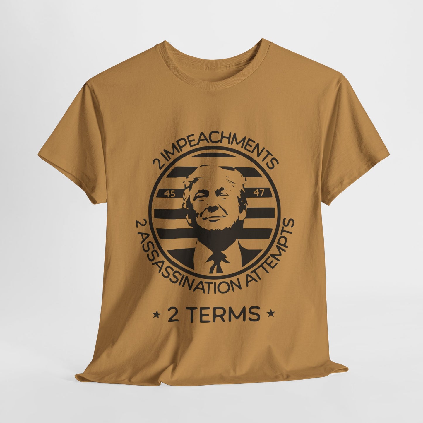 Trump graphic tee with bold “2 Impeachments” design
