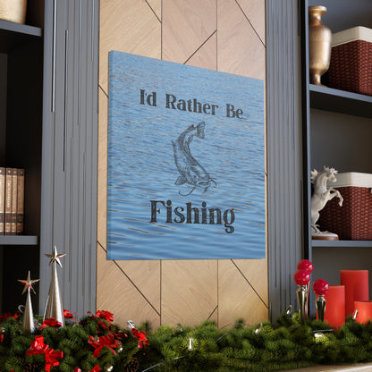 Coastal wall art with serene lake and bold fishing message
