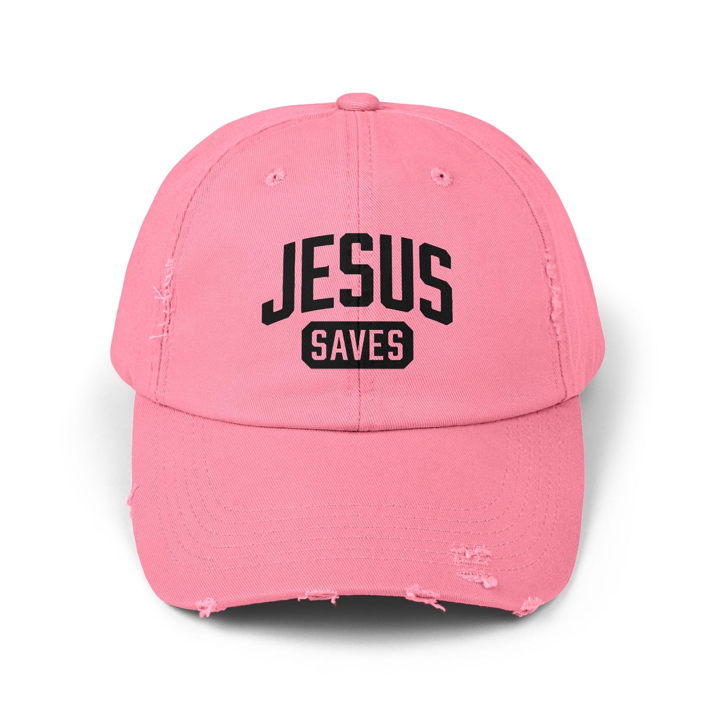 Vibrant Jesus Saves cap in red for casual Christian wear.
