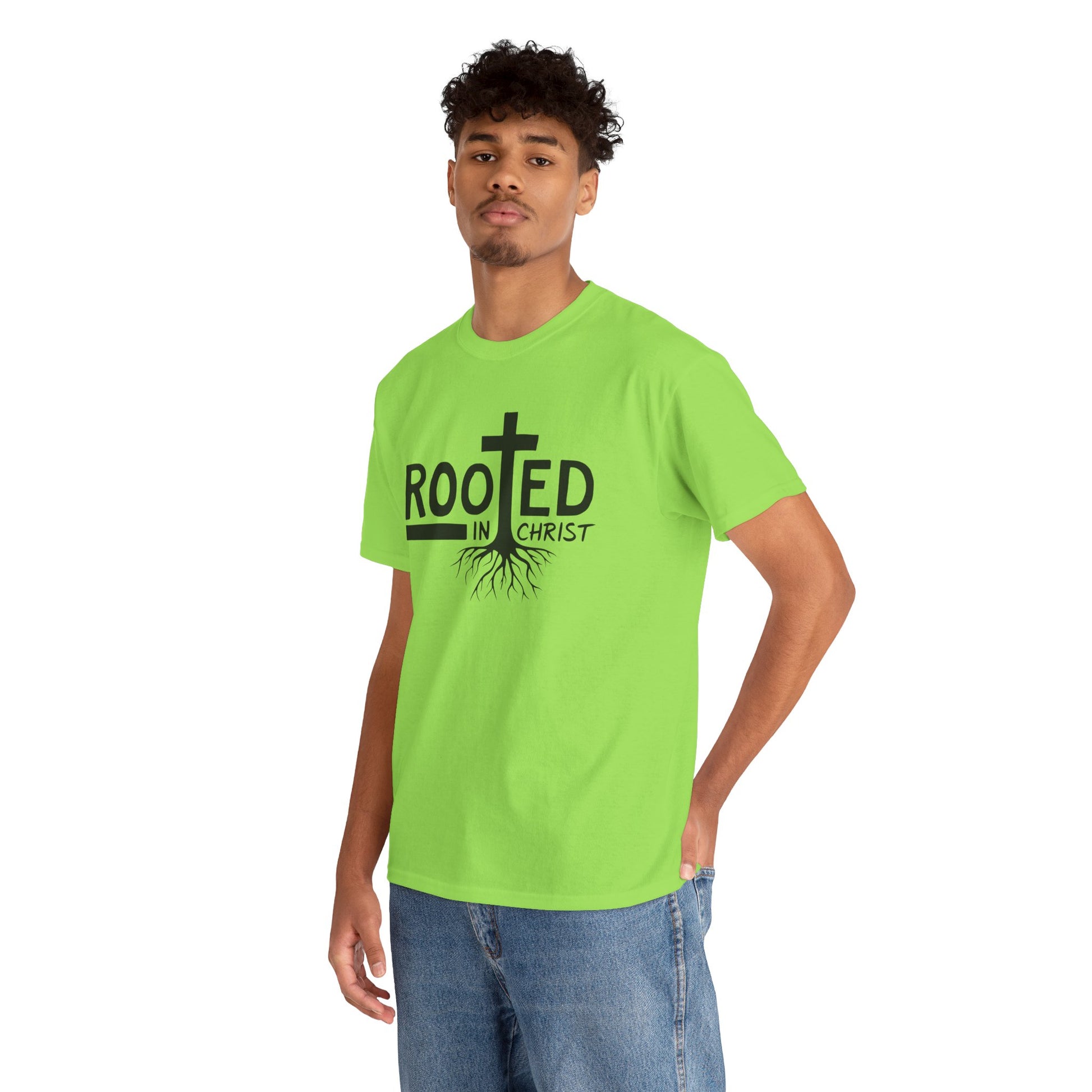 Rooted in Christ t-shirt with symbolic cross and spiritual roots
