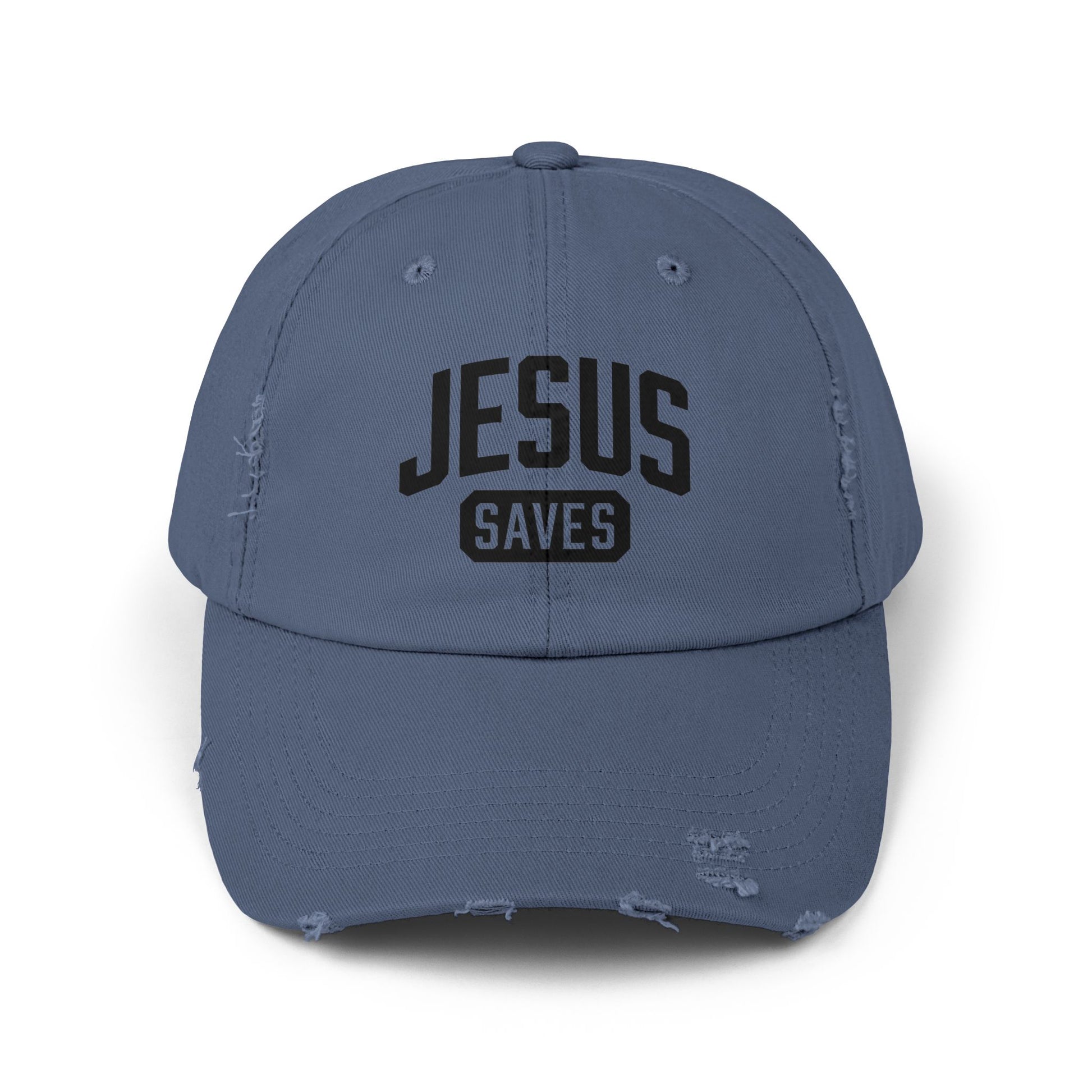 Blue cotton twill Christian hat with adjustable closure.
