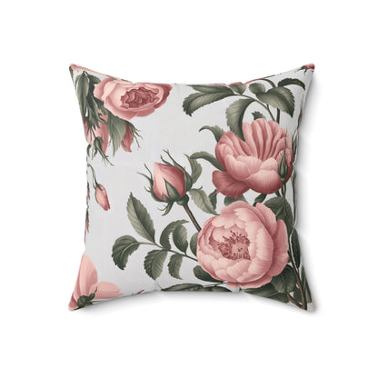 Beautiful floral pillow featuring soft pink tones on white background
