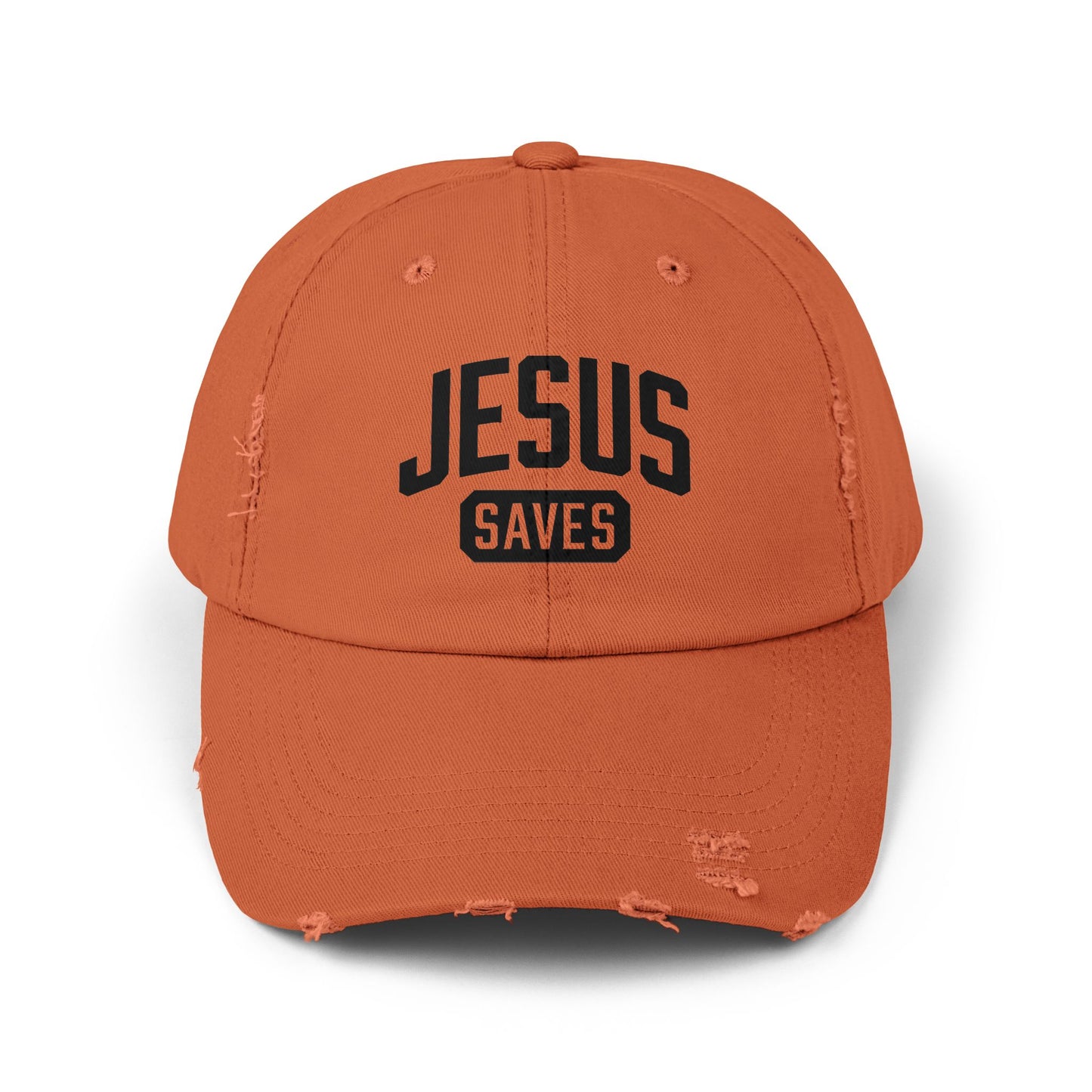 Jesus Saves hat in burnt orange with bold lettering.
