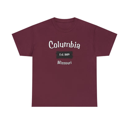 Columbia MO t-shirt with bold text and classic fit design
