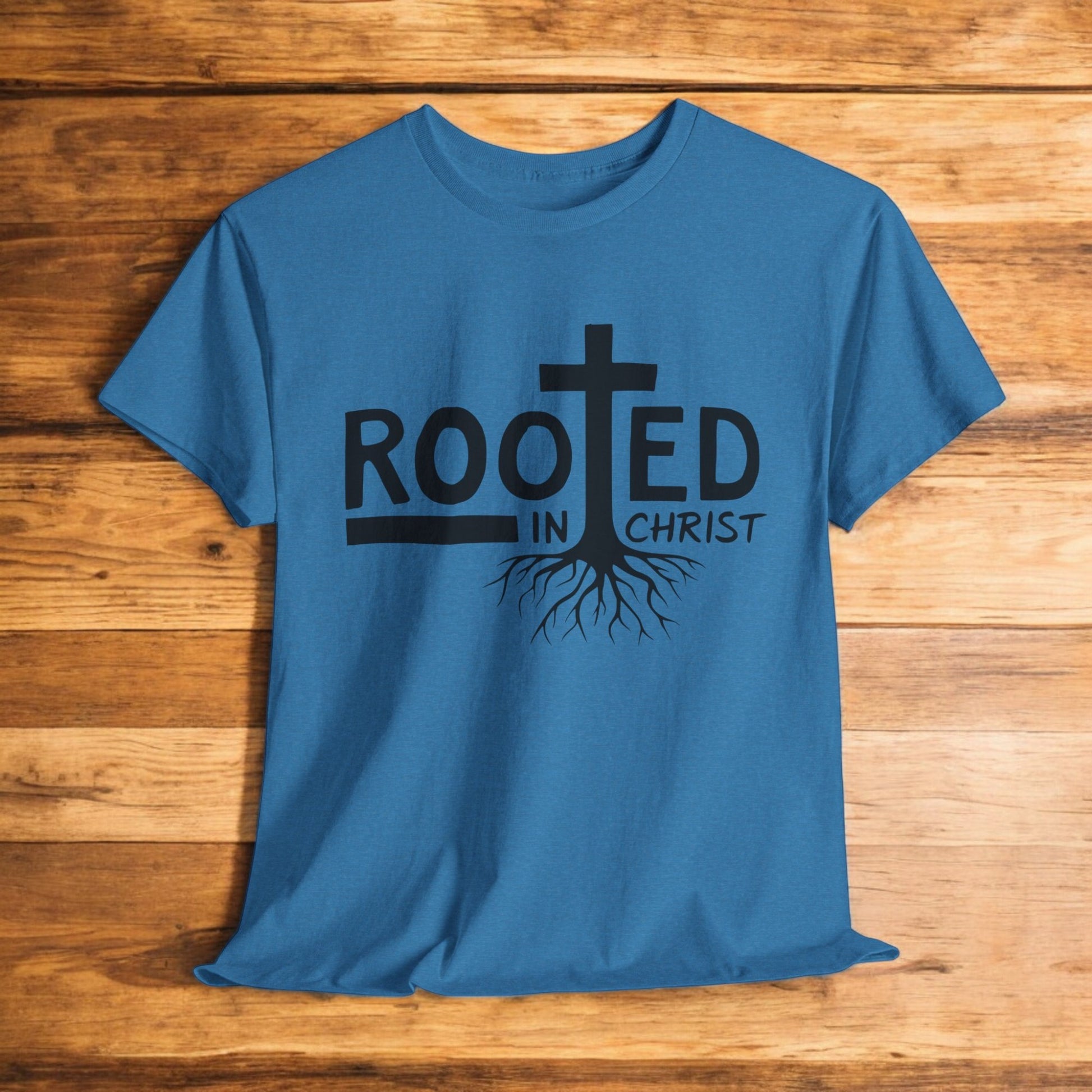 Rooted in Christ shirt with cross and roots design
