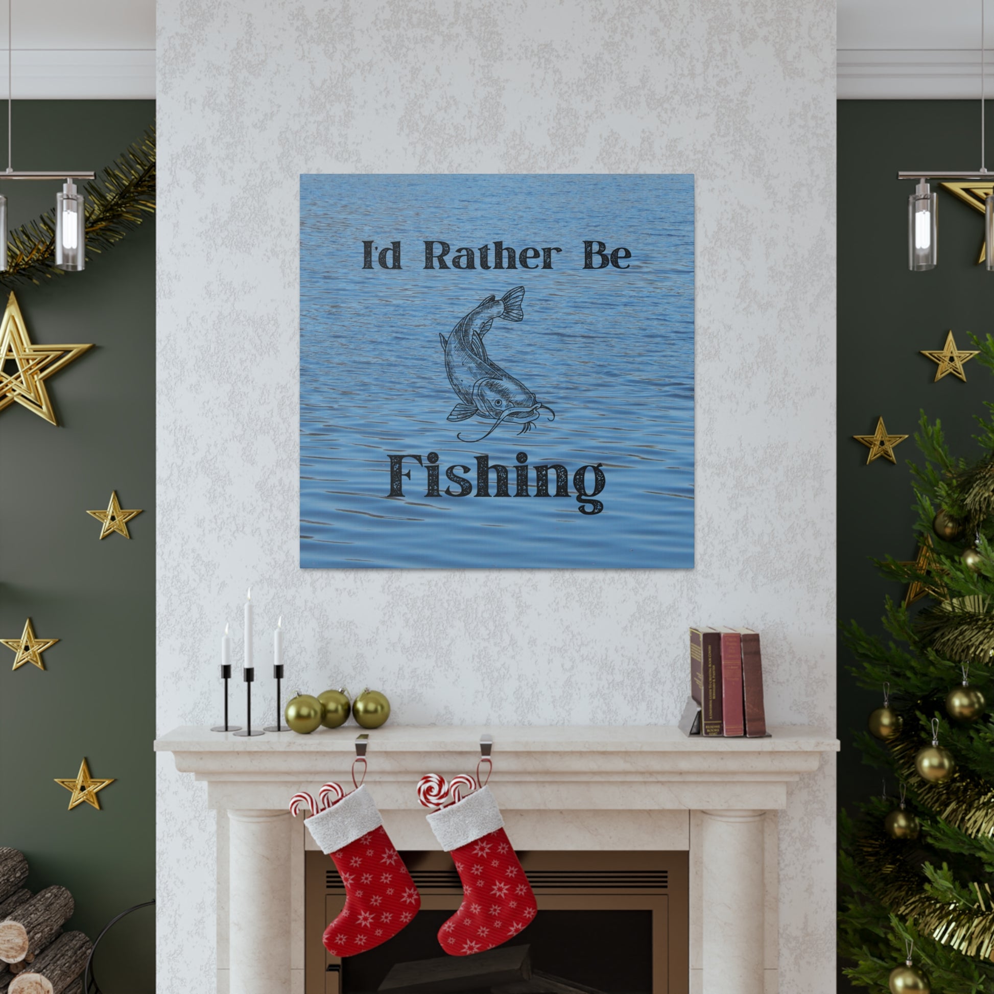 Nautical and fishing wall art with rustic lake scene and catfish
