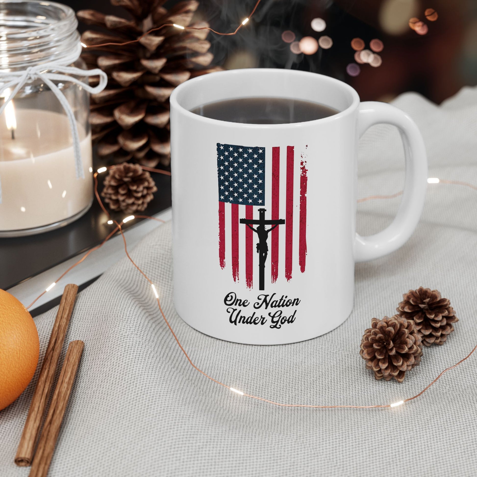 White coffee mug with "One Nation Under God" design
