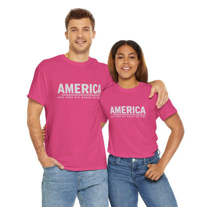 "Patriotic T-Shirt with 'America' and Flag Shapes"