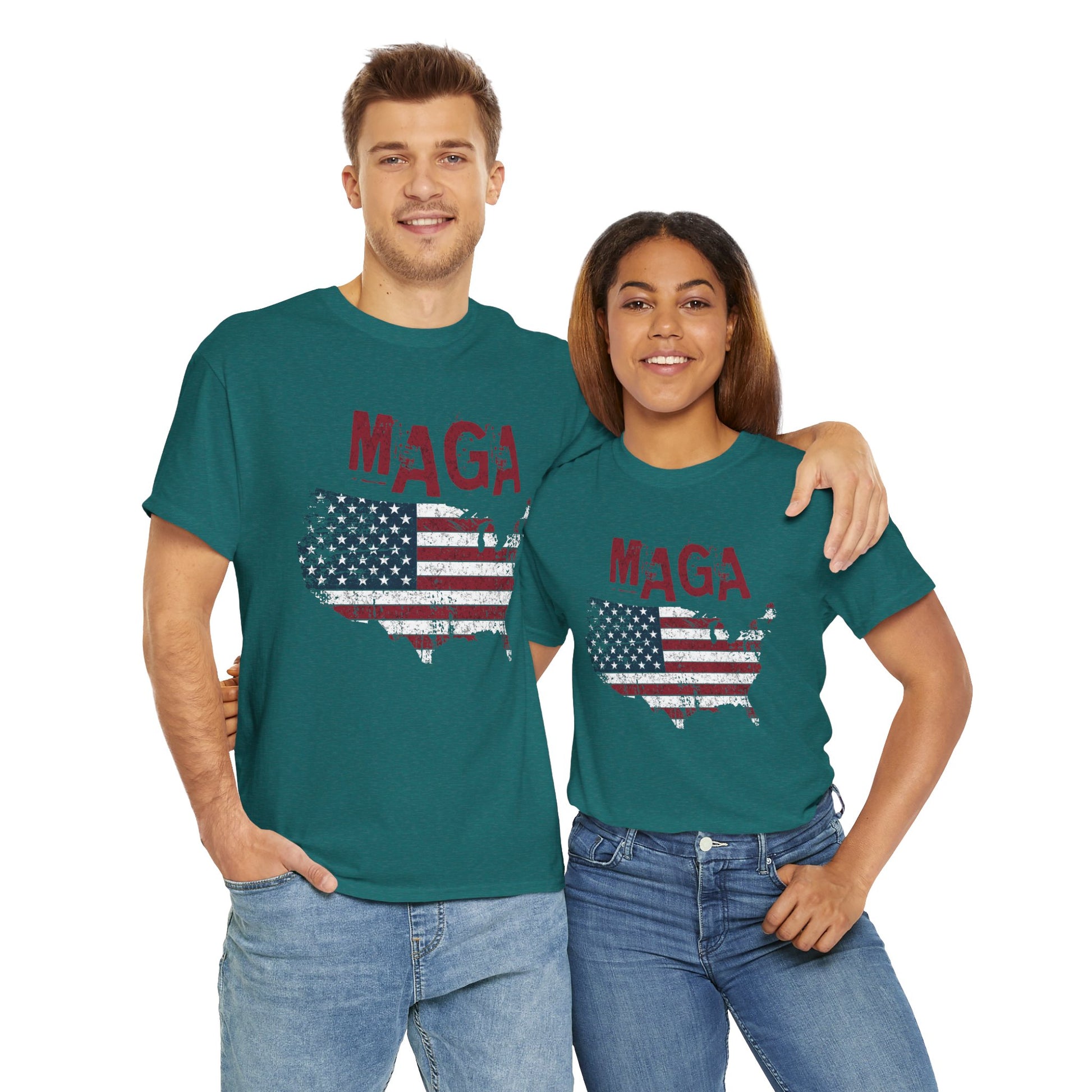 Trump-inspired MAGA t-shirt with USA shape and American flag
