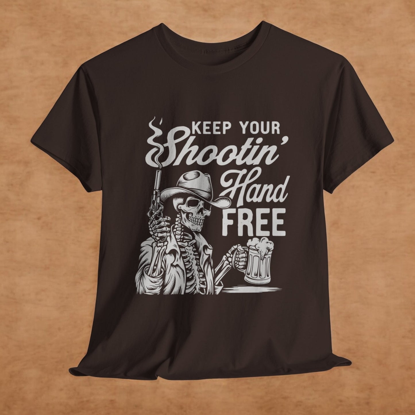 Funny gun shirt with cowboy skeleton graphic
