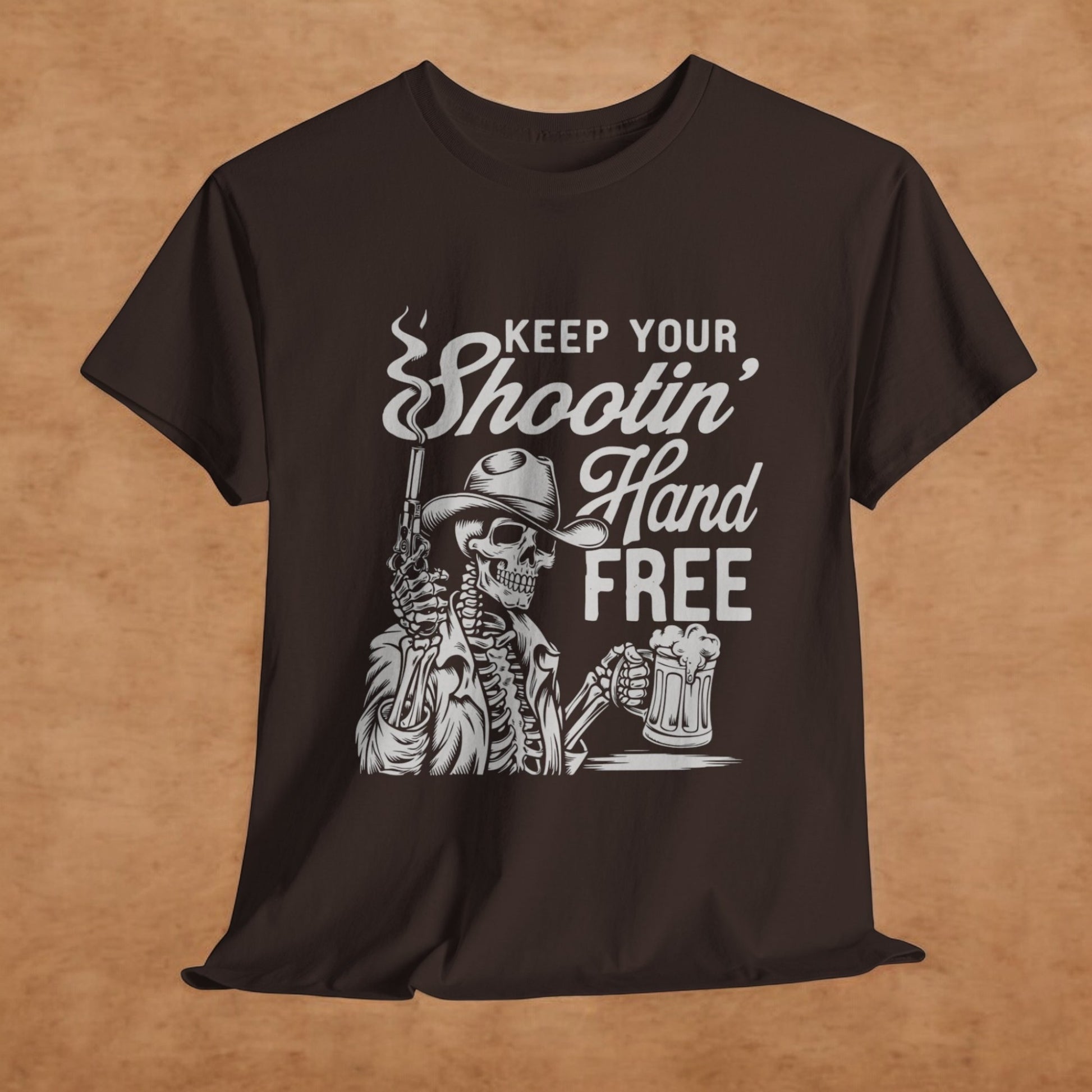 Funny gun shirt with cowboy skeleton graphic
