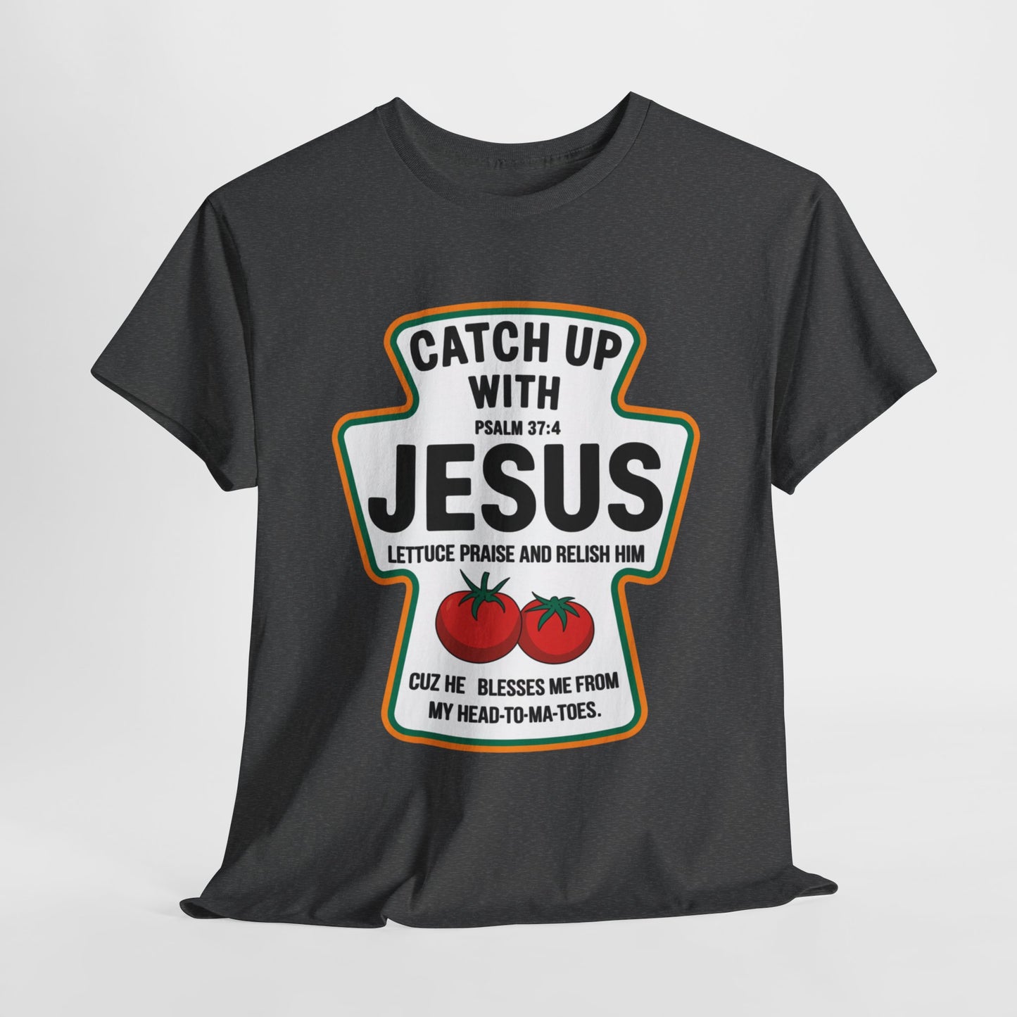 Faith-inspired ketchup label t-shirt with Jesus theme
