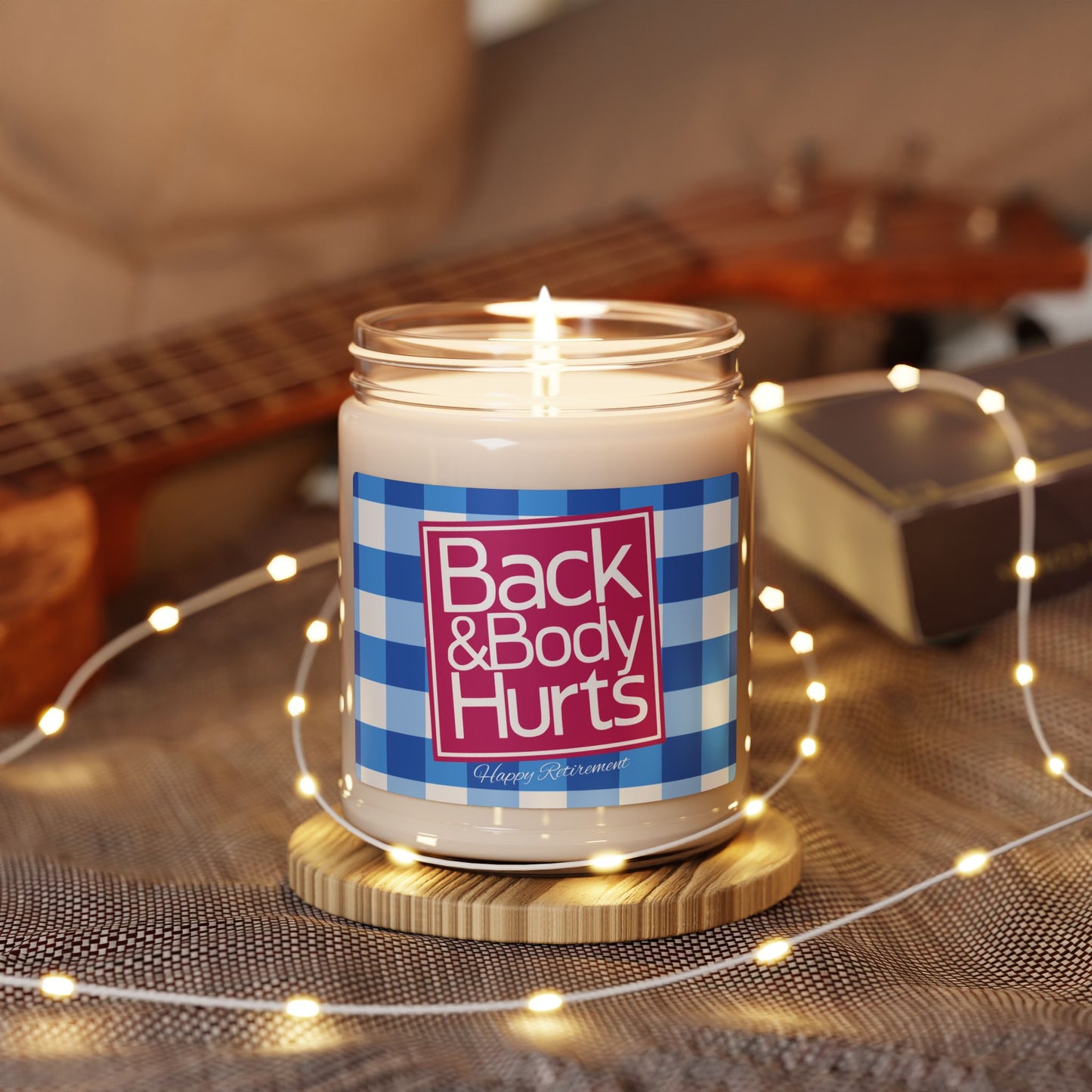 "Back and Body Hurts" candle paired with other funny retirement gifts.
