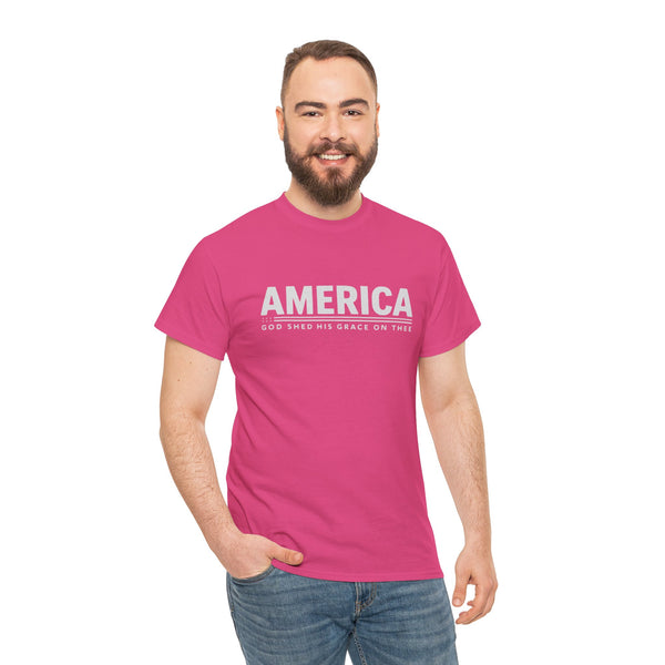 "Patriotic T-Shirt with 'America' and Flag Shapes"