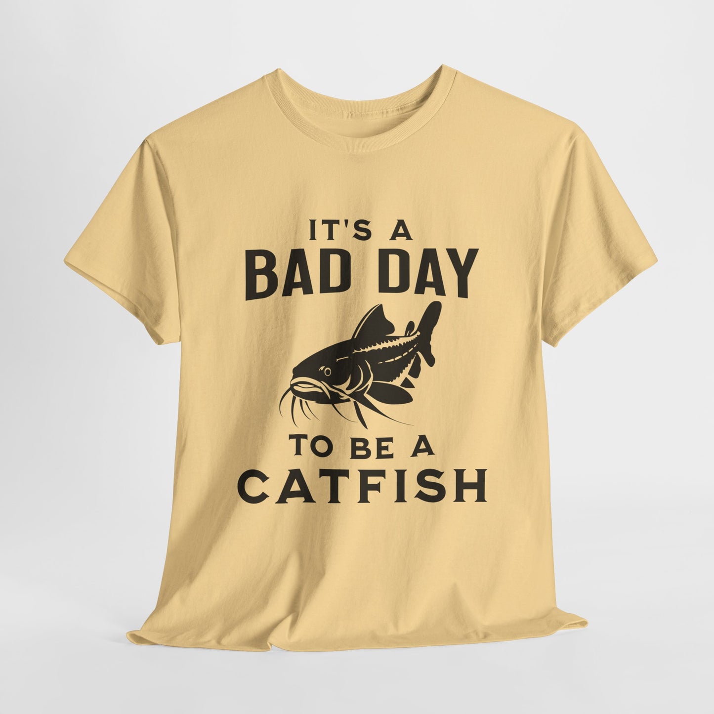 Classic fit fishing T-shirt with bold black catfish graphic
