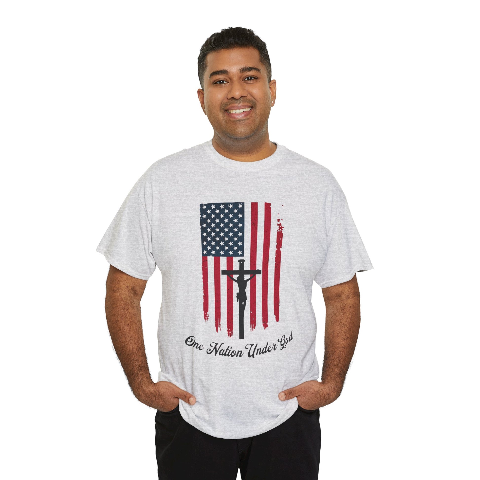 One Nation Under God tee with distressed flag and cross graphic
