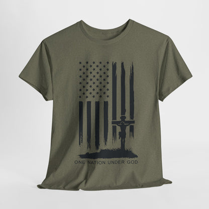 American flag and Jesus cross design on black t-shirt.
