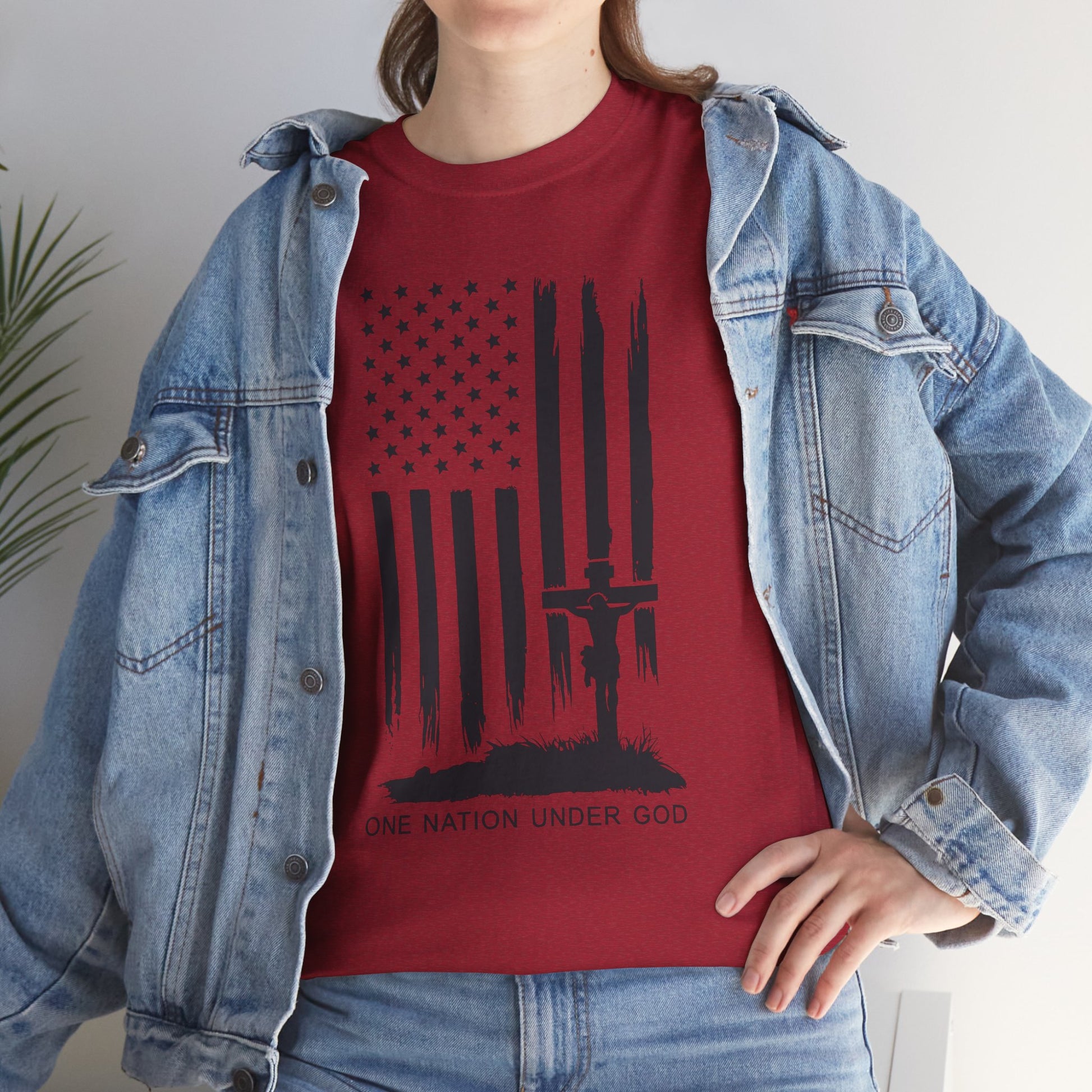 Durable cotton t-shirt with patriotic and Christian theme.
