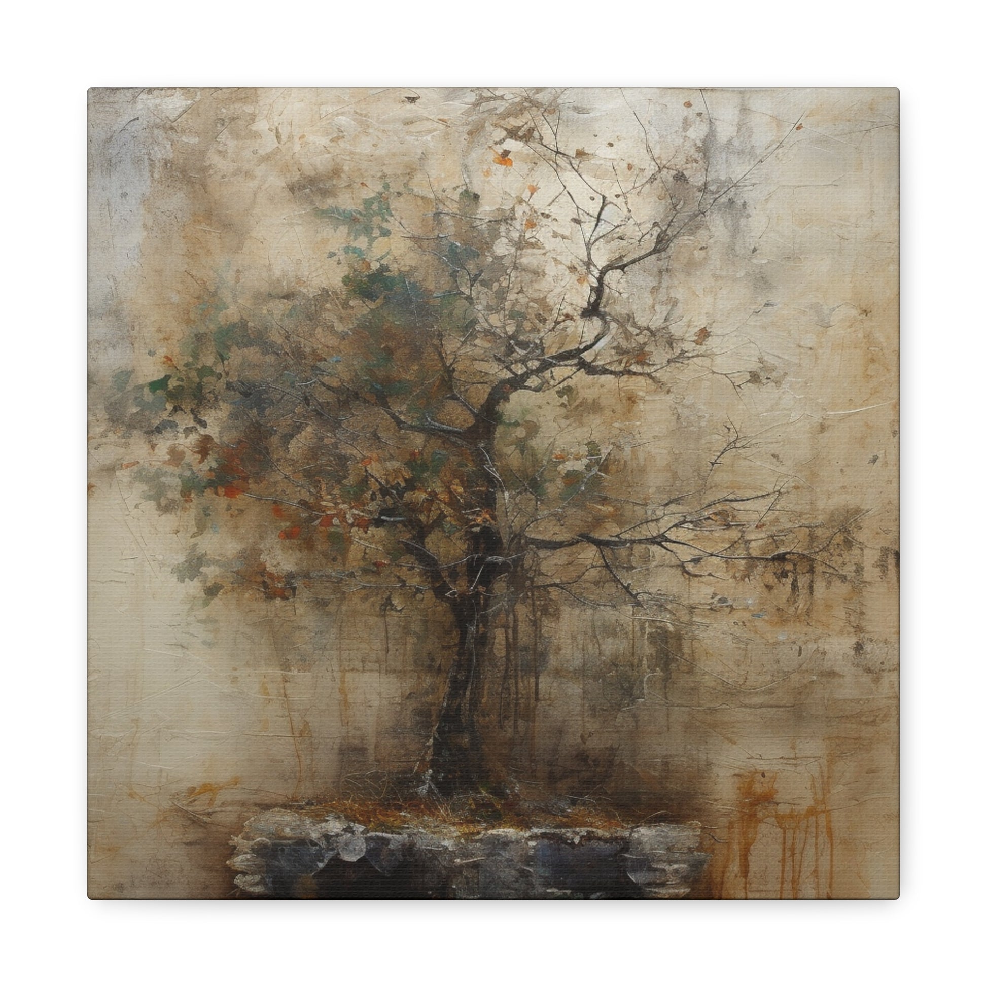 Tranquil wabi sabi tree artwork with earthy tones