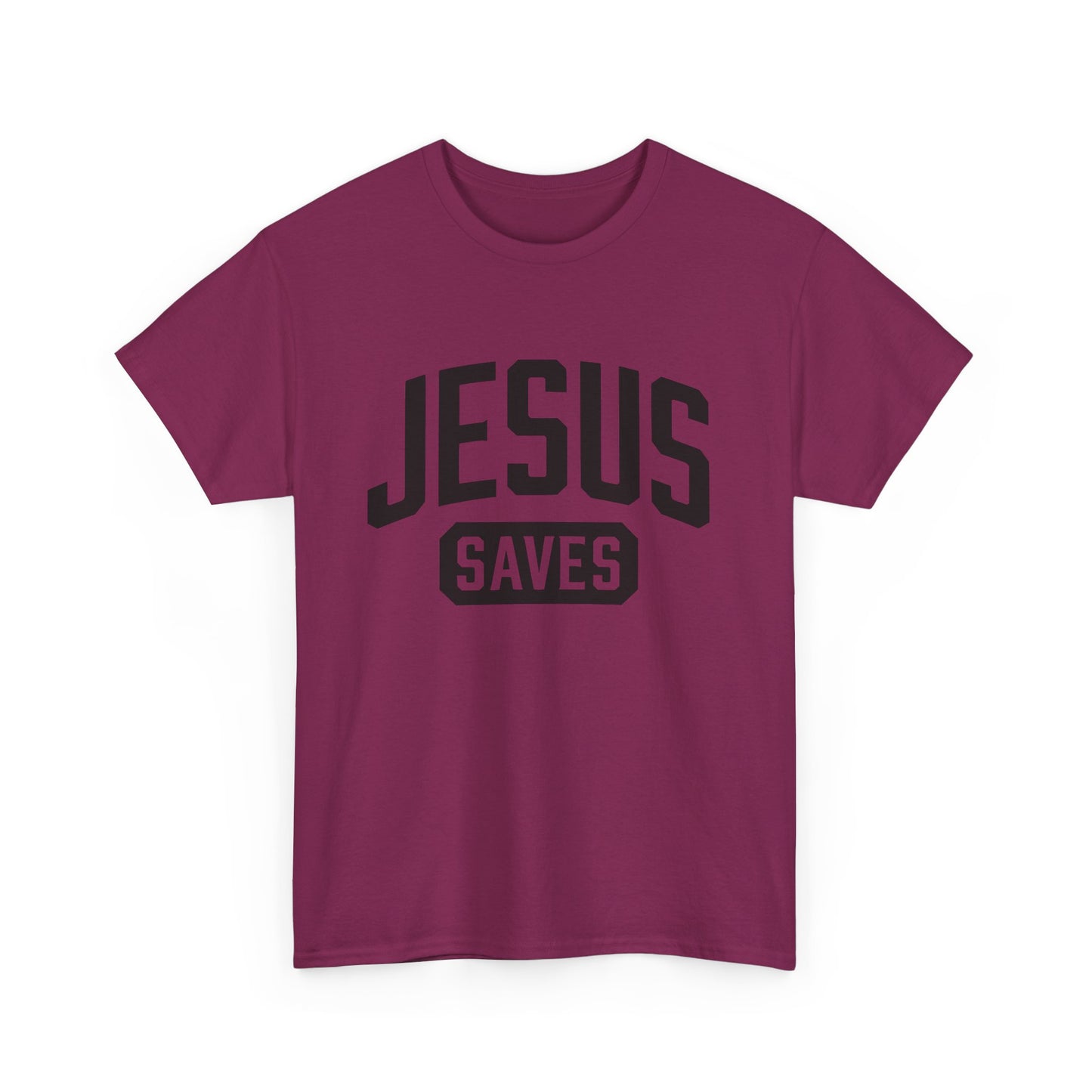 Faith-based Jesus Saves shirt in berry color.
