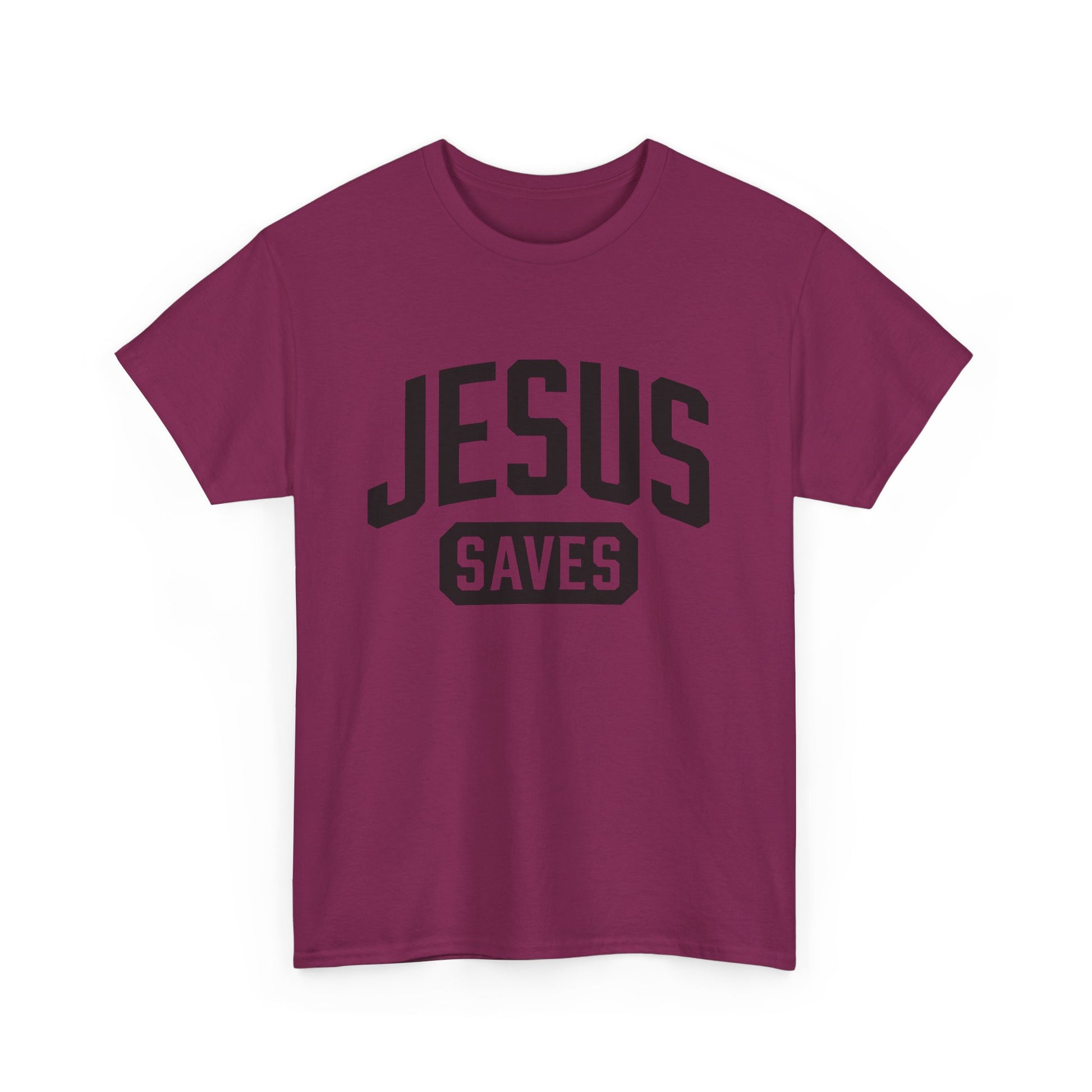 Faith-based Jesus Saves shirt in berry color.
