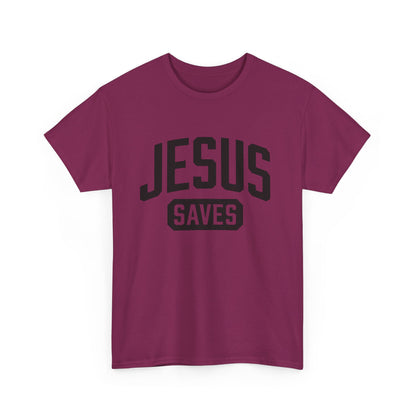 Faith-based Jesus Saves shirt in berry color.
